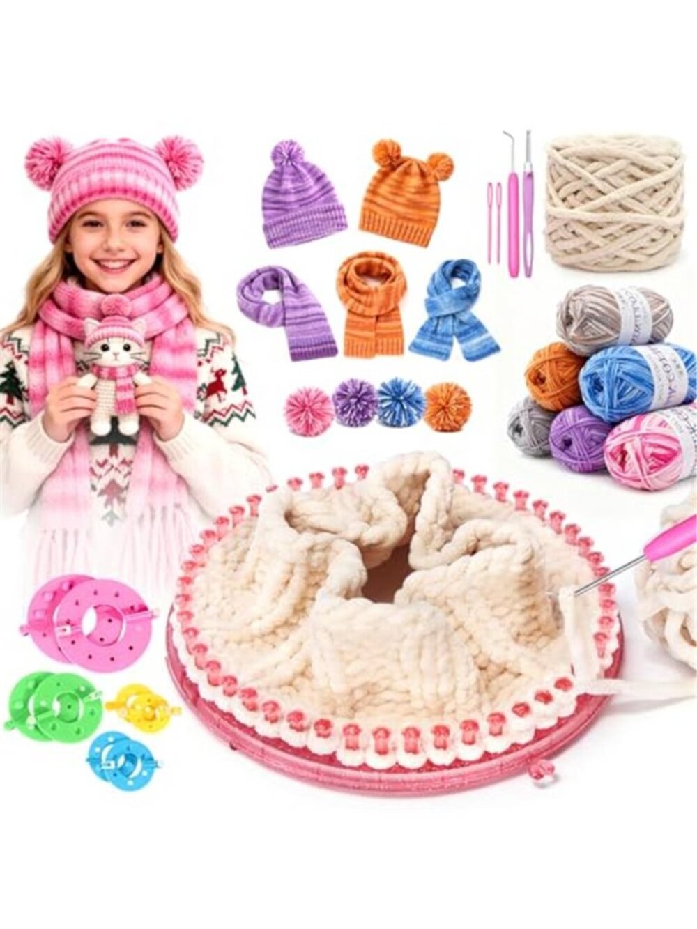 Knitting Loom Kit Round Loom Crochet Hooks Yarn Pom Pom Maker Craft Set Beginner